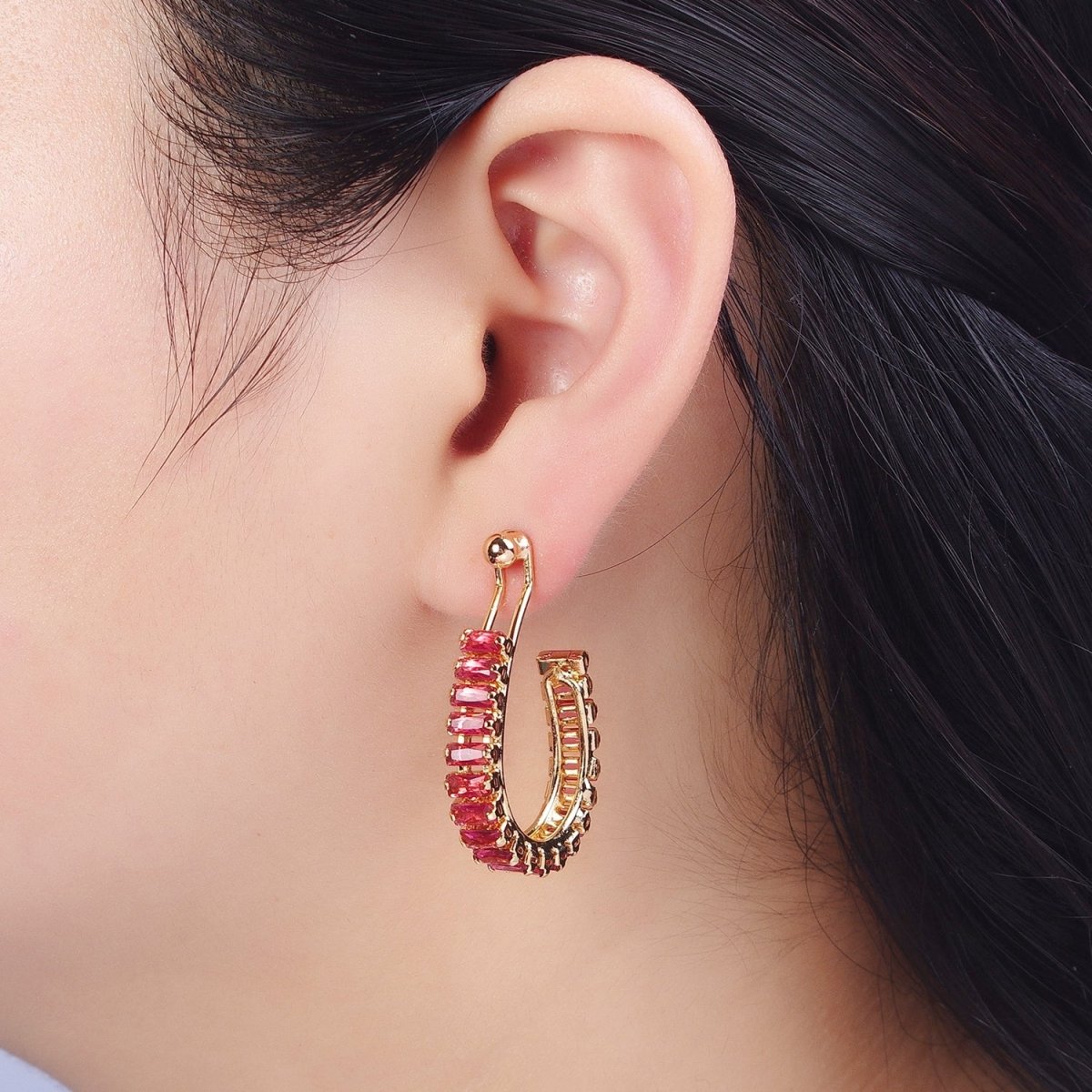 24K Gold Filled Baguette Cubic Zirconia C Shaped Open Hoop Studs Earrings Q-080 Q-091 Q-111 Q-125 Q-126 Q-127 Q-128 Q-130