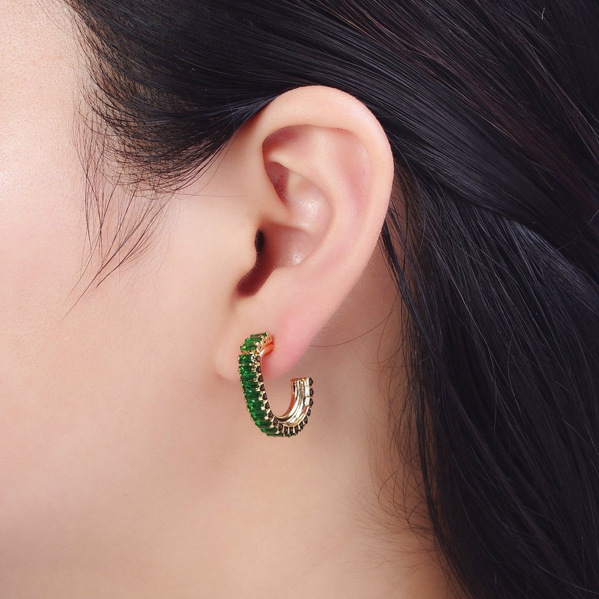 24K Gold Filled Baguette Cubic Zirconia J Shaped Open Hoop Stud Earrings Q-131 Q-135 Q-142 Q-143 Q-145 Q-146 Q-147 Q-148