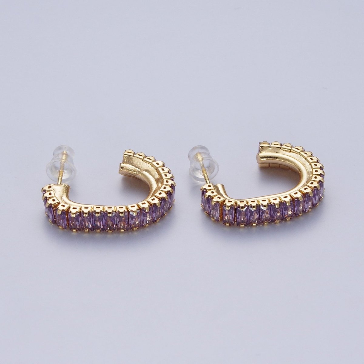 24K Gold Filled Baguette Cubic Zirconia J Shaped Open Hoop Stud Earrings Q-131 Q-135 Q-142 Q-143 Q-145 Q-146 Q-147 Q-148