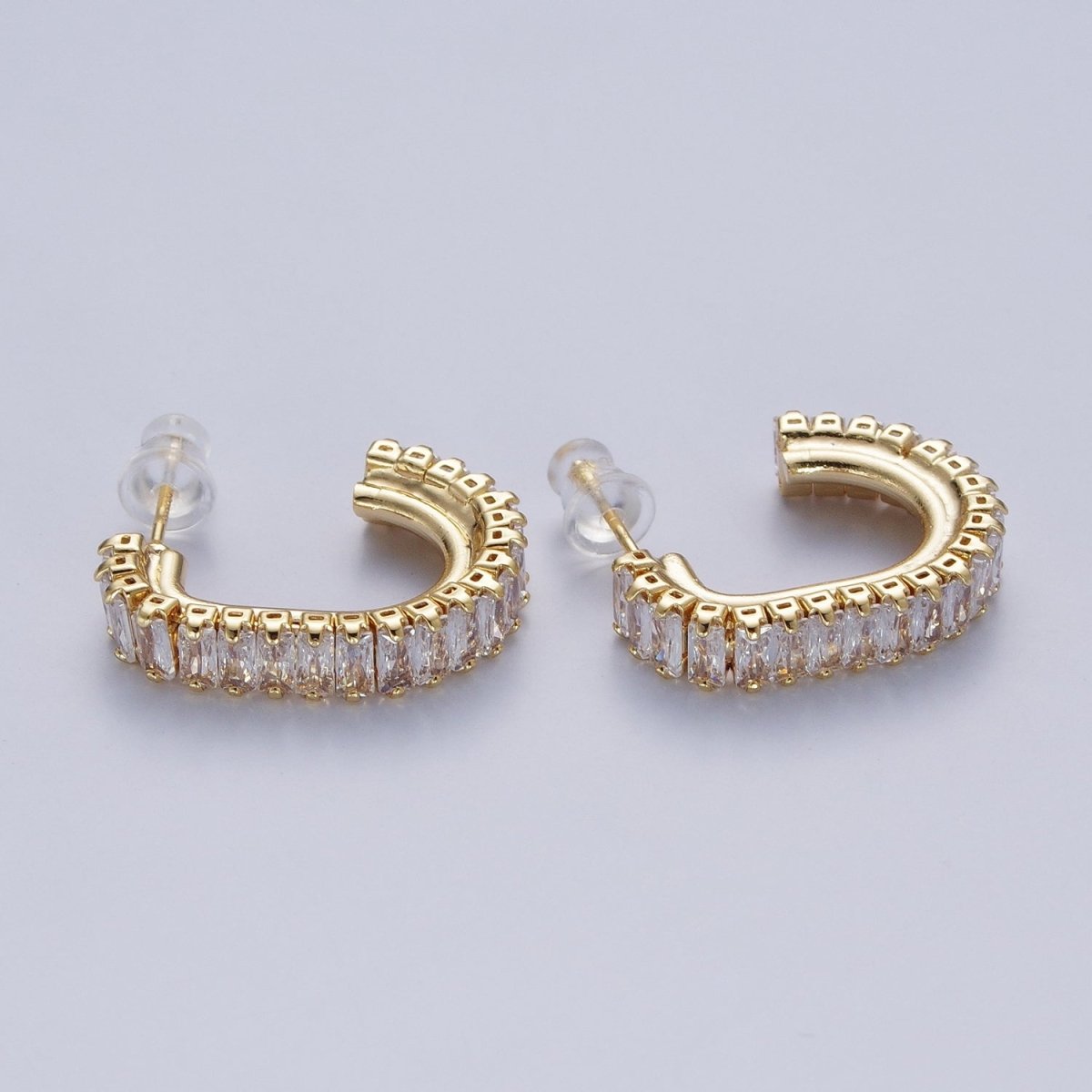 24K Gold Filled Baguette Cubic Zirconia J Shaped Open Hoop Stud Earrings Q-131 Q-135 Q-142 Q-143 Q-145 Q-146 Q-147 Q-148