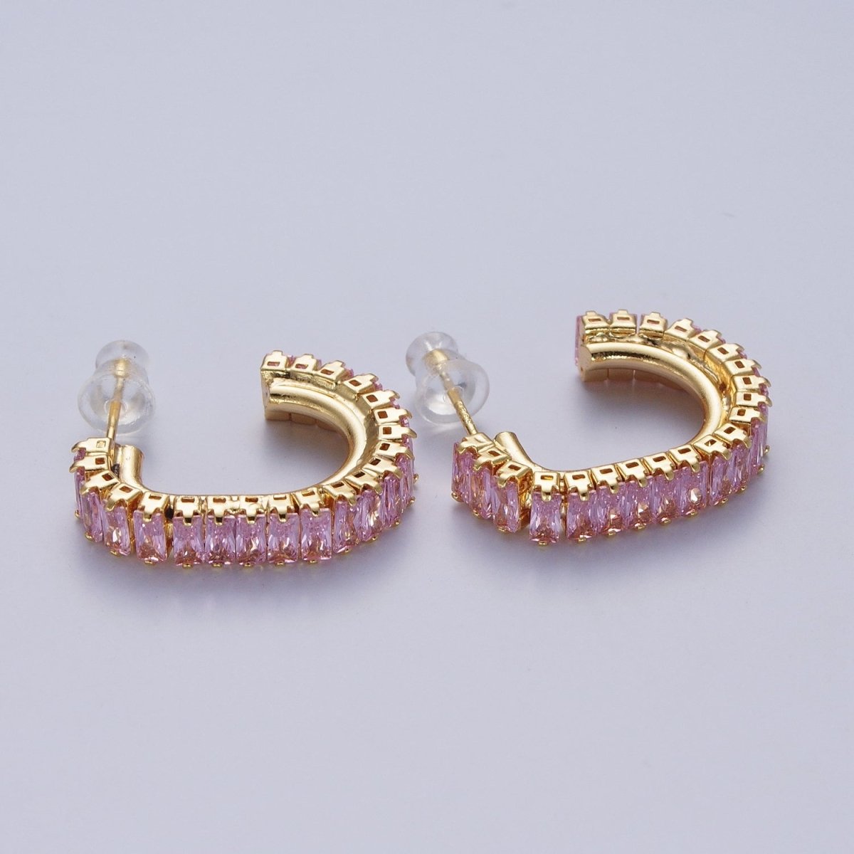 24K Gold Filled Baguette Cubic Zirconia J Shaped Open Hoop Stud Earrings Q-131 Q-135 Q-142 Q-143 Q-145 Q-146 Q-147 Q-148