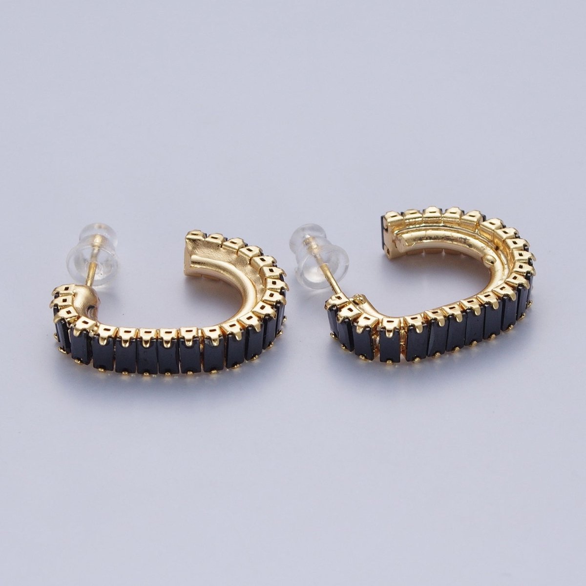 24K Gold Filled Baguette Cubic Zirconia J Shaped Open Hoop Stud Earrings Q-131 Q-135 Q-142 Q-143 Q-145 Q-146 Q-147 Q-148