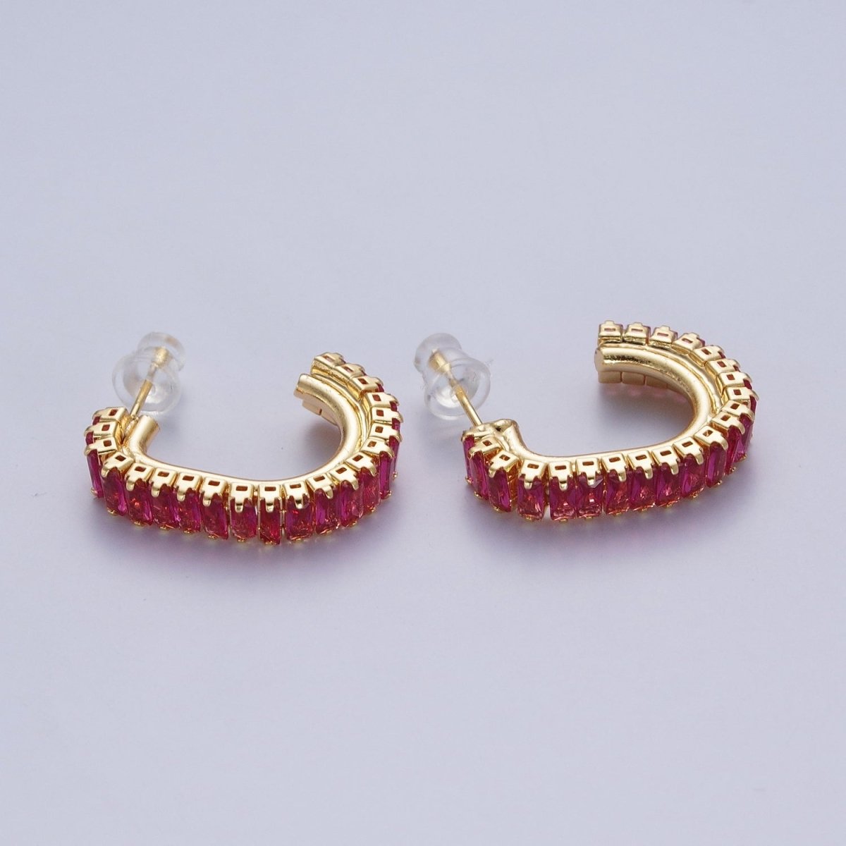 24K Gold Filled Baguette Cubic Zirconia J Shaped Open Hoop Stud Earrings Q-131 Q-135 Q-142 Q-143 Q-145 Q-146 Q-147 Q-148