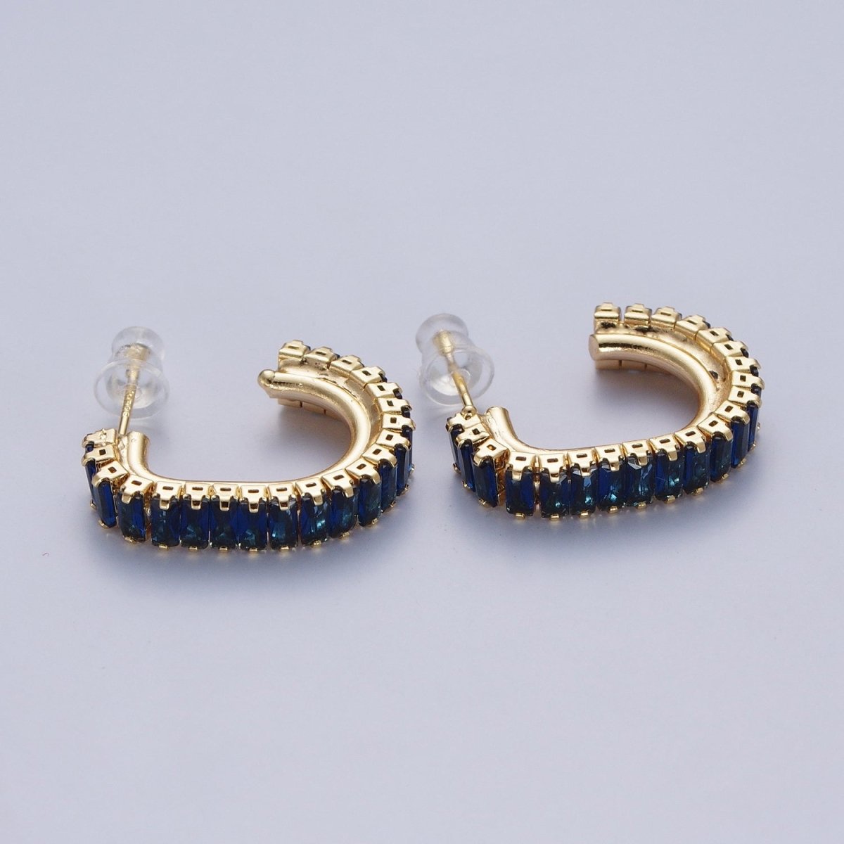 24K Gold Filled Baguette Cubic Zirconia J Shaped Open Hoop Stud Earrings Q-131 Q-135 Q-142 Q-143 Q-145 Q-146 Q-147 Q-148