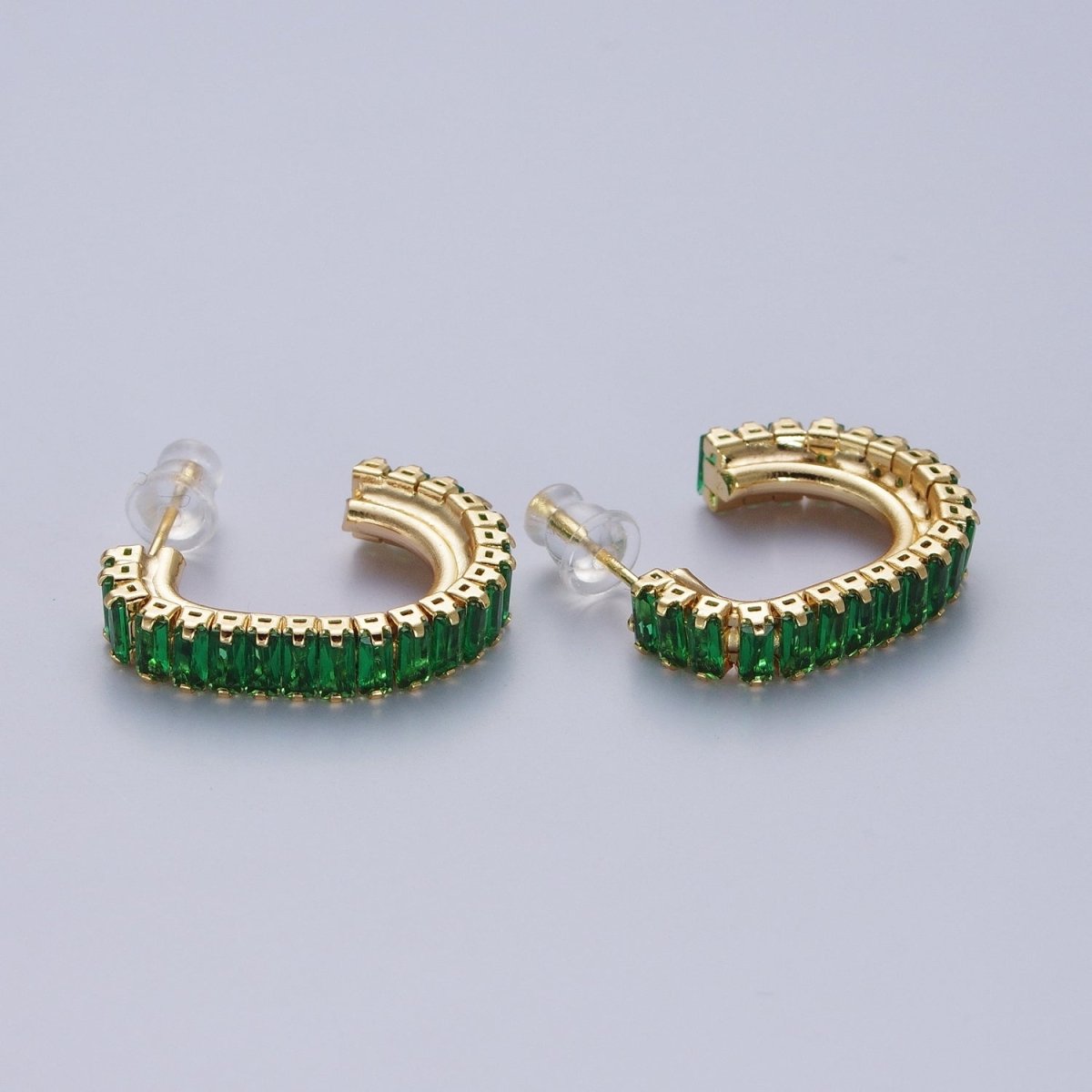 24K Gold Filled Baguette Cubic Zirconia J Shaped Open Hoop Stud Earrings Q-131 Q-135 Q-142 Q-143 Q-145 Q-146 Q-147 Q-148