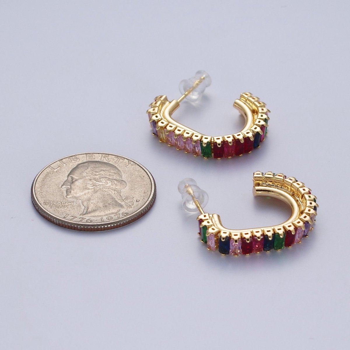 24K Gold Filled Baguette Cubic Zirconia J Shaped Open Hoop Stud Earrings Q-131 Q-135 Q-142 Q-143 Q-145 Q-146 Q-147 Q-148