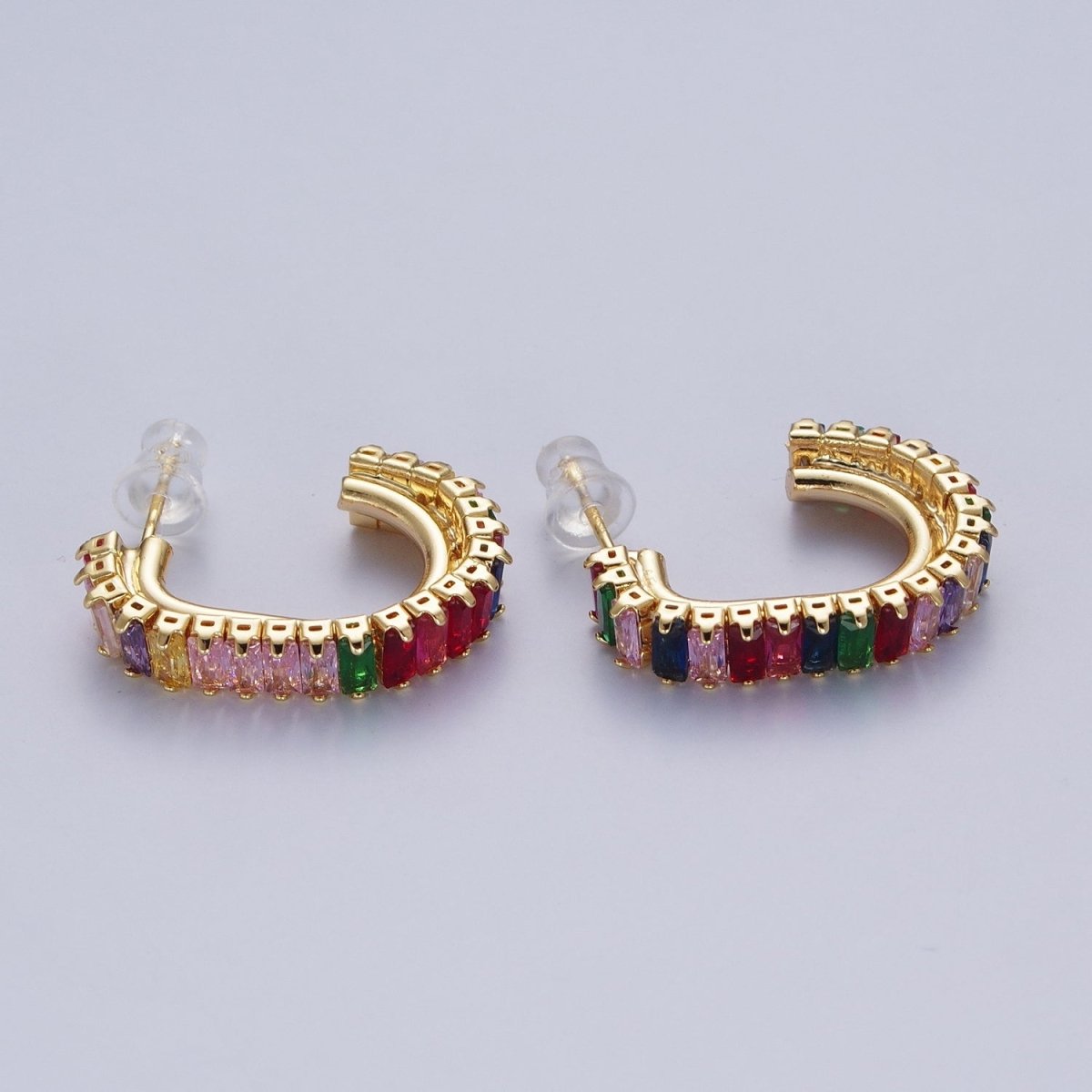 24K Gold Filled Baguette Cubic Zirconia J Shaped Open Hoop Stud Earrings Q-131 Q-135 Q-142 Q-143 Q-145 Q-146 Q-147 Q-148