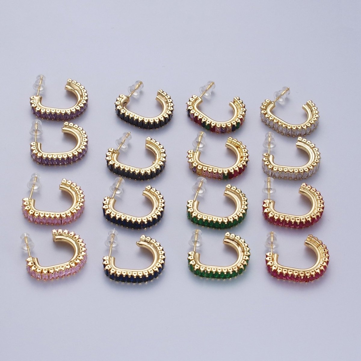 24K Gold Filled Baguette Cubic Zirconia J Shaped Open Hoop Stud Earrings Q-131 Q-135 Q-142 Q-143 Q-145 Q-146 Q-147 Q-148