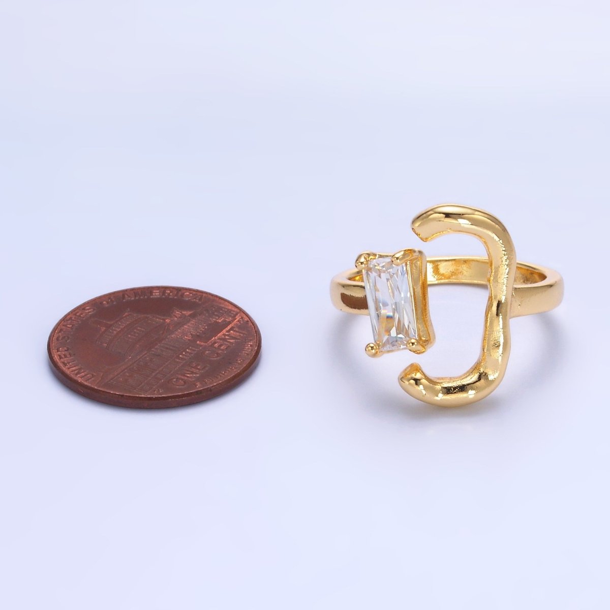 24K Gold Filled Baguette Curved Geometric Open Claw Ring | O838 - DLUXCA