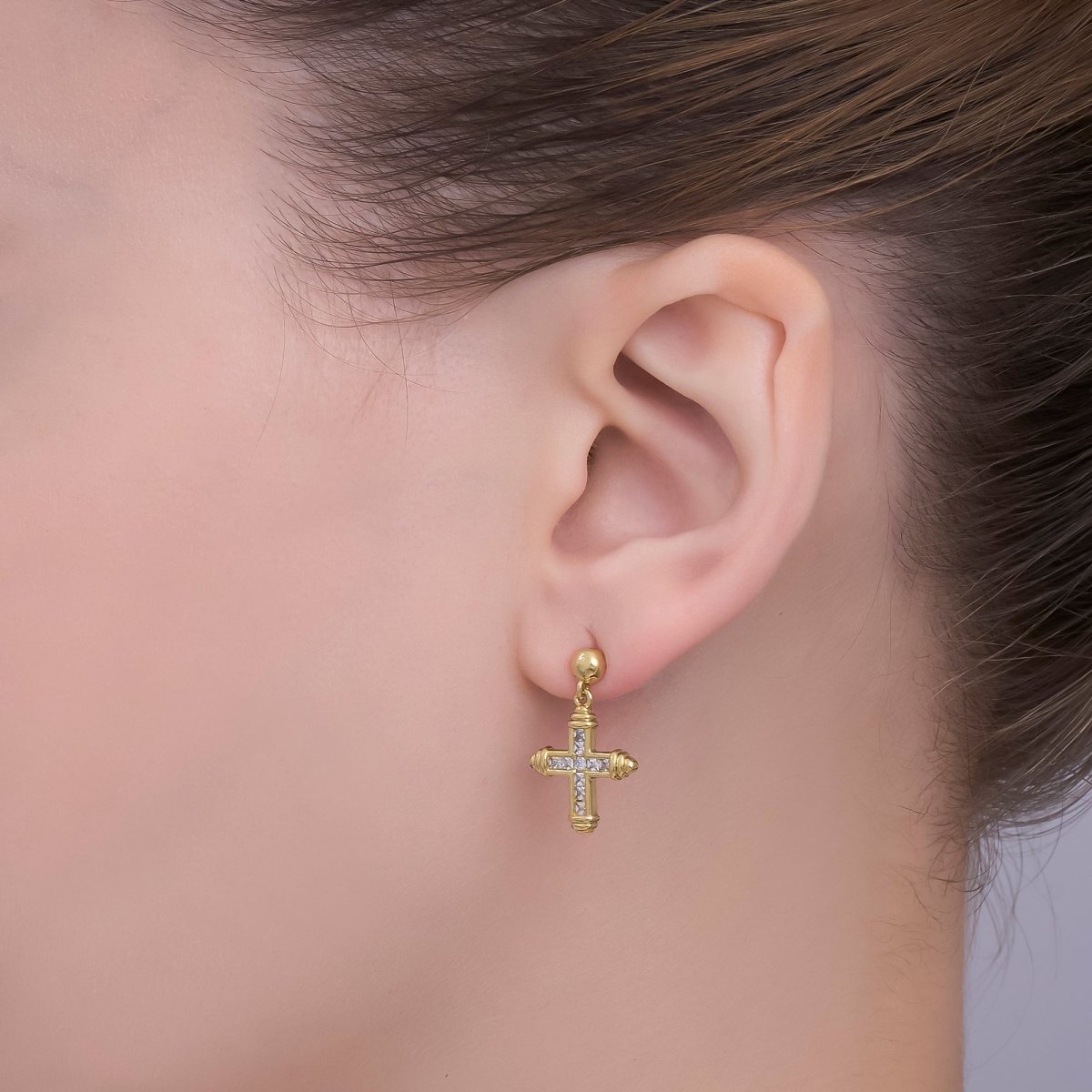 24K Gold Filled Baguette CZ Cross Round Drop Stud Earrings | AI437 - DLUXCA