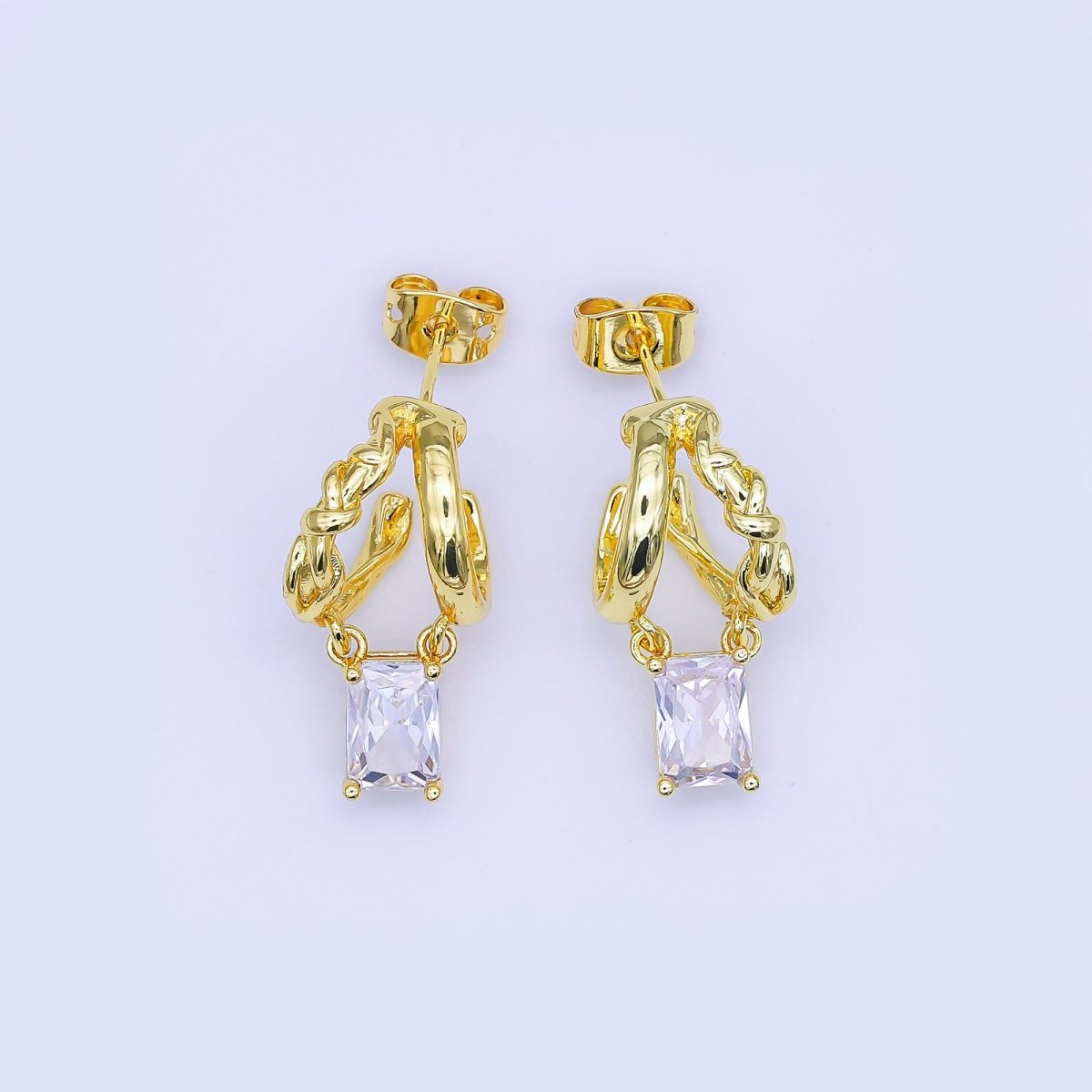 24K Gold Filled Baguette CZ Knot Double Band C - Shaped Hoop Earrings | AI517 - DLUXCA