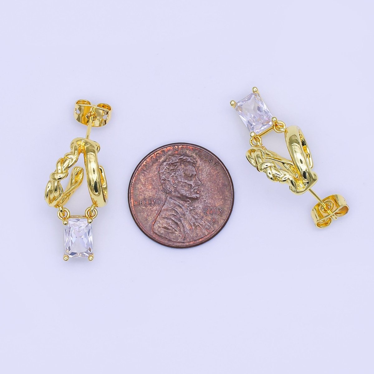 24K Gold Filled Baguette CZ Knot Double Band C - Shaped Hoop Earrings | AI517 - DLUXCA