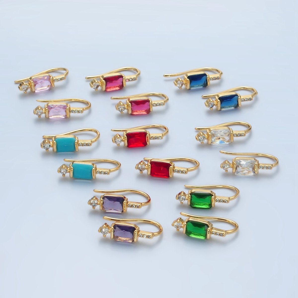 24K Gold Filled Baguette CZ Micro Paved French Hook Earrings | AD609 - AD611