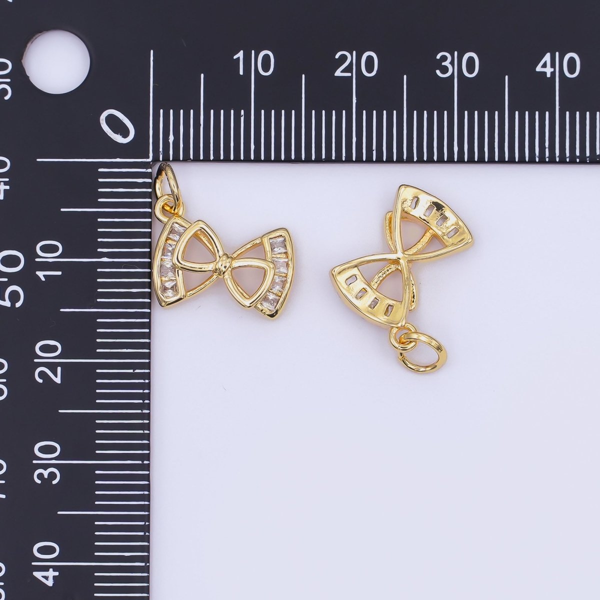 24K Gold Filled Baguette CZ Open Ribbon Bow Charm | AJ296 - DLUXCA