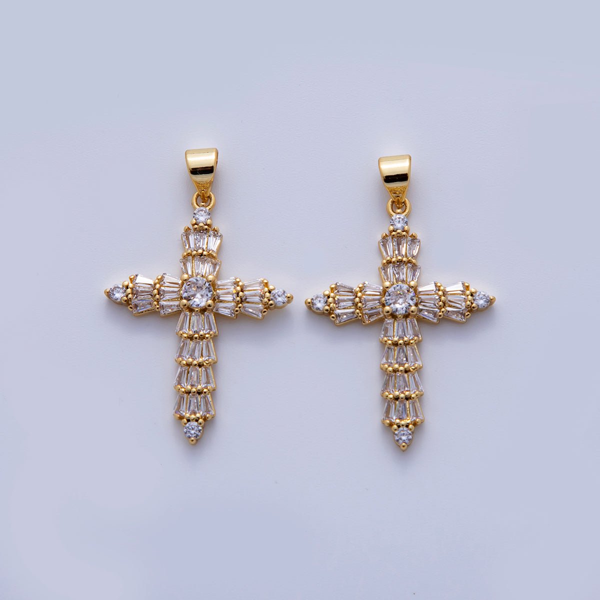 24K Gold Filled Baguette CZ Religious Cross Pendant | AH723 - DLUXCA