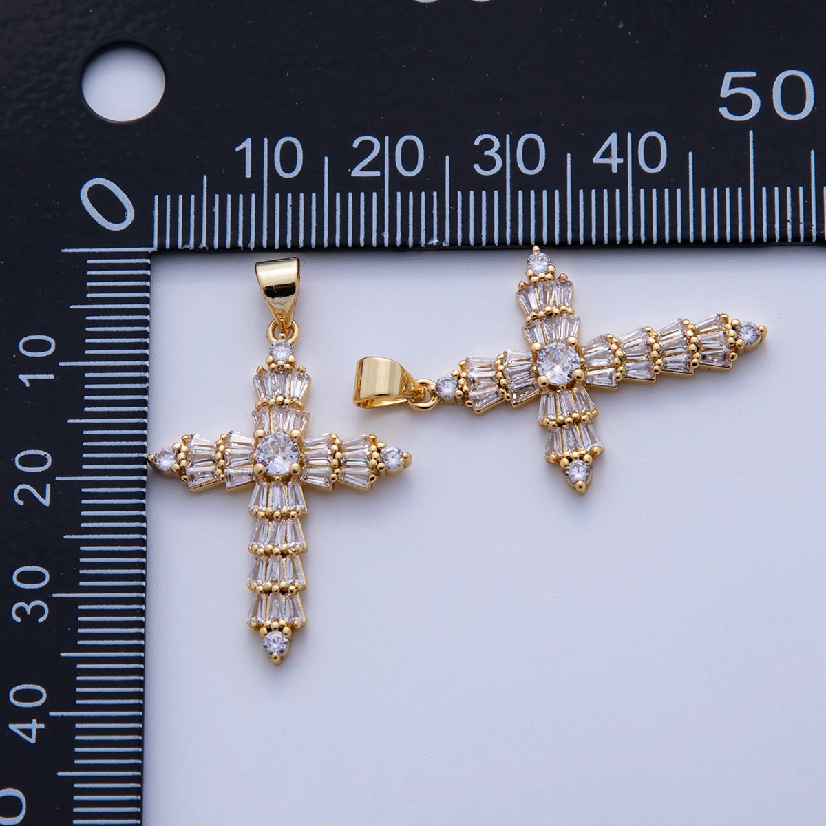 24K Gold Filled Baguette CZ Religious Cross Pendant | AH723 - DLUXCA