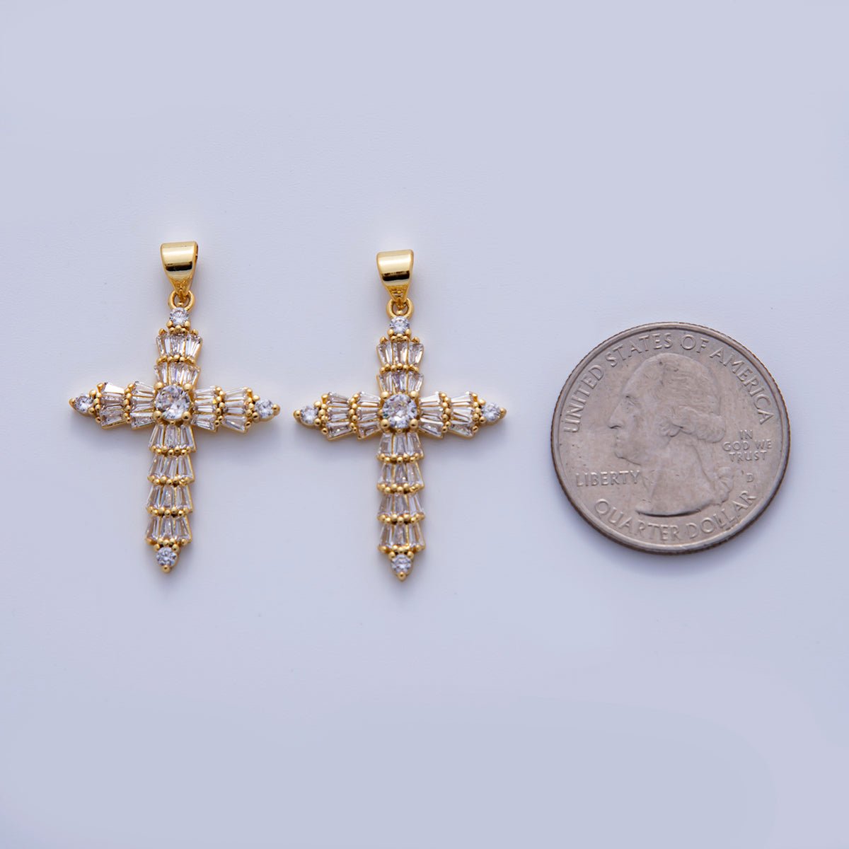 24K Gold Filled Baguette CZ Religious Cross Pendant | AH723 - DLUXCA