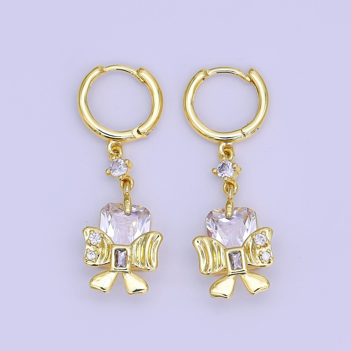24K Gold Filled Baguette CZ Ribbon Bow Drop Huggie Earrings | AI444 - DLUXCA