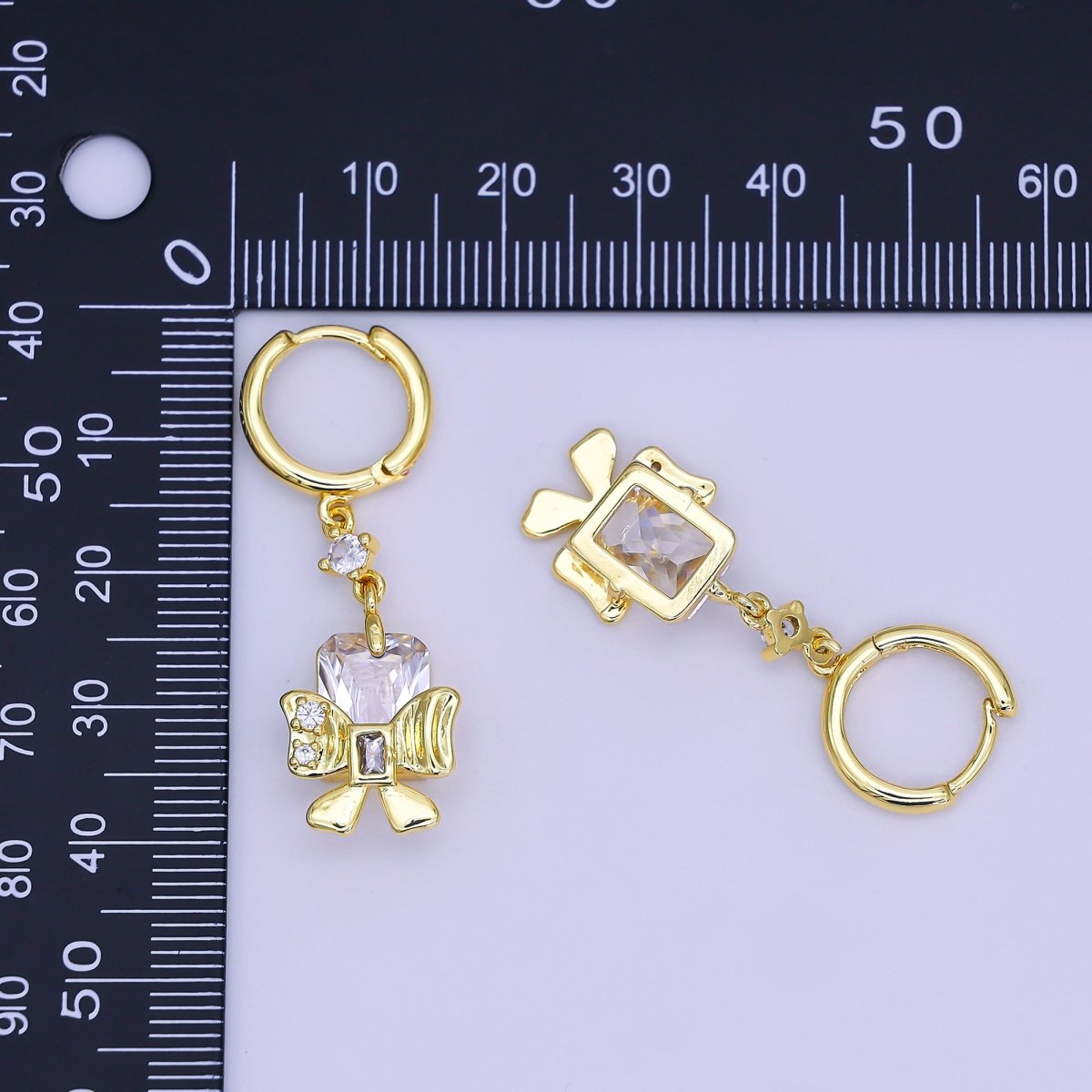 24K Gold Filled Baguette CZ Ribbon Bow Drop Huggie Earrings | AI444 - DLUXCA