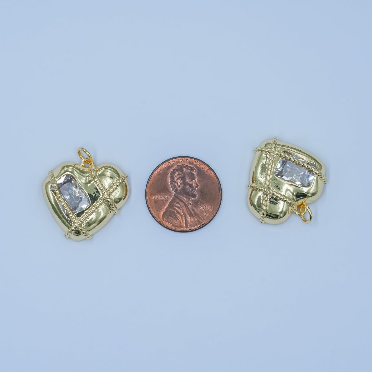 24K Gold Filled Baguette CZ Rope Tied Molten Heart Charm | C764 - DLUXCA