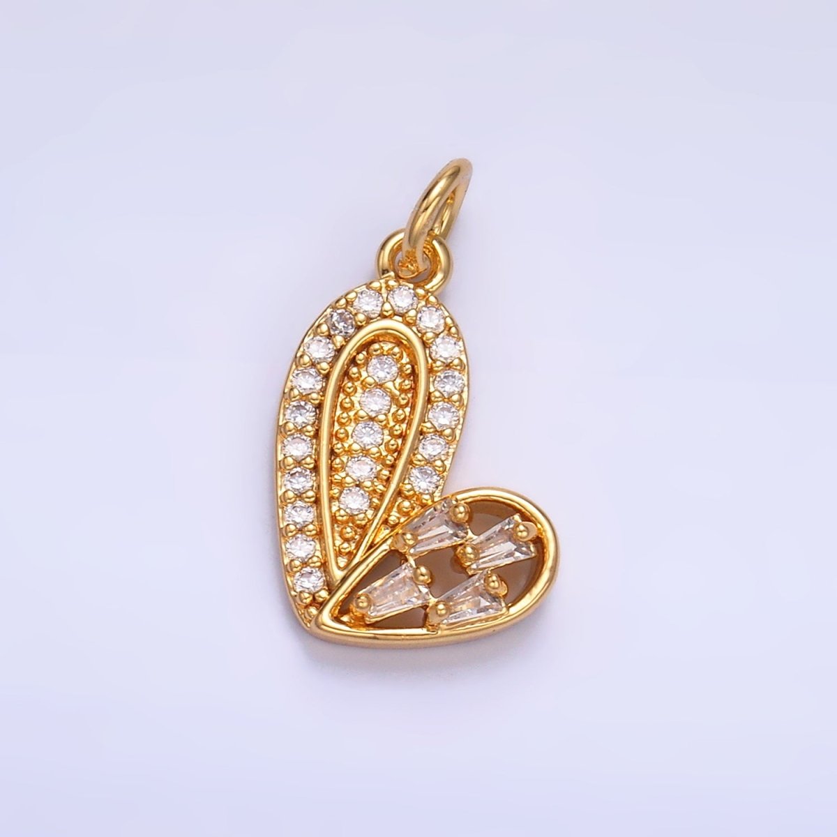 24K Gold Filled Baguette Micro Paved CZ Heart Charm in Gold & Silver | W803