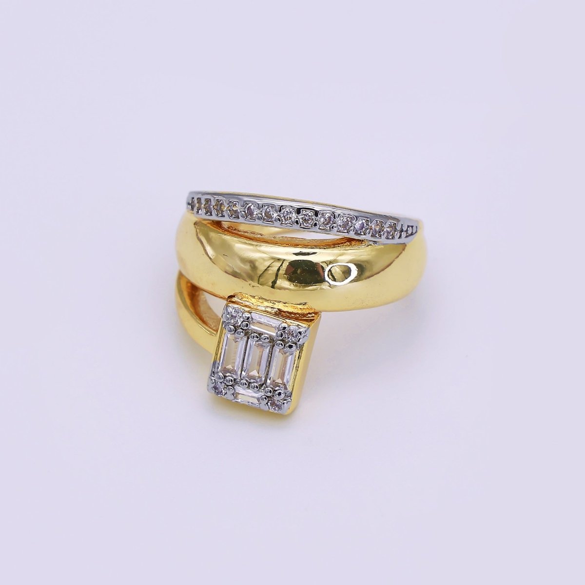 24K Gold Filled Baguette Micro Paved CZ Multiple Band Mixed Metal Ring | O648 - DLUXCA