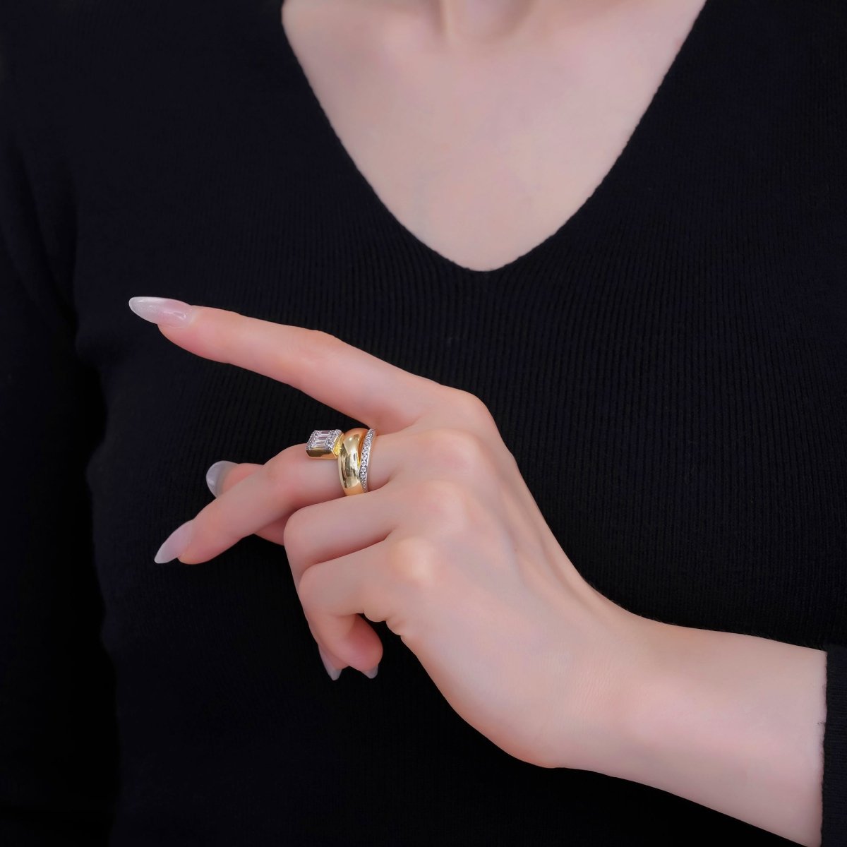 24K Gold Filled Baguette Micro Paved CZ Multiple Band Mixed Metal Ring | O648 - DLUXCA