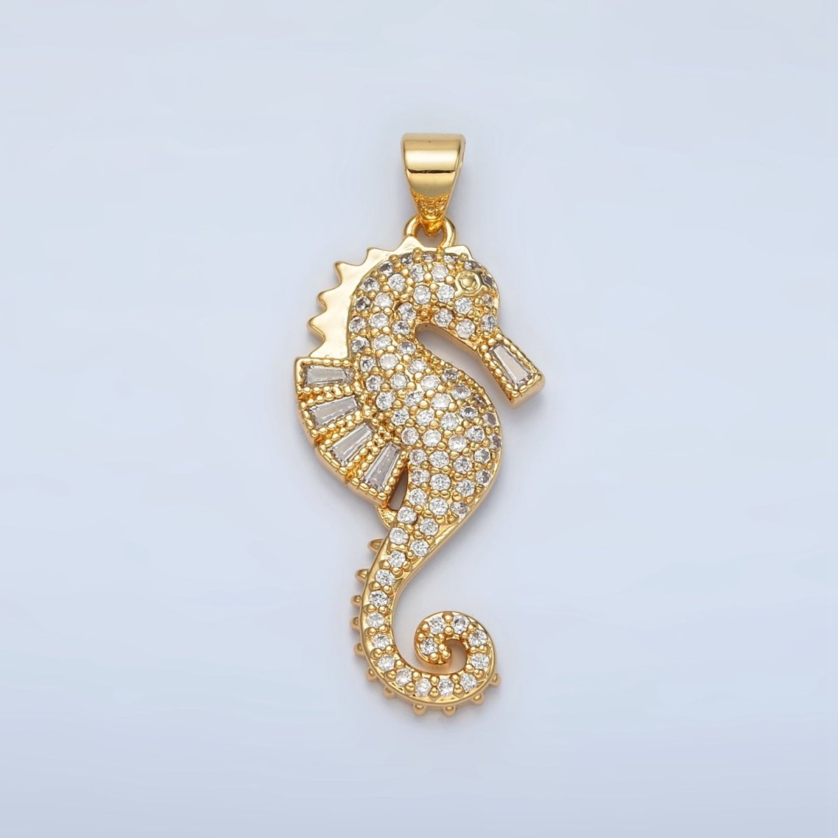24K Gold Filled Baguette Micro Paved CZ Sea Horse Ocean Animal Pendant | I823 - DLUXCA