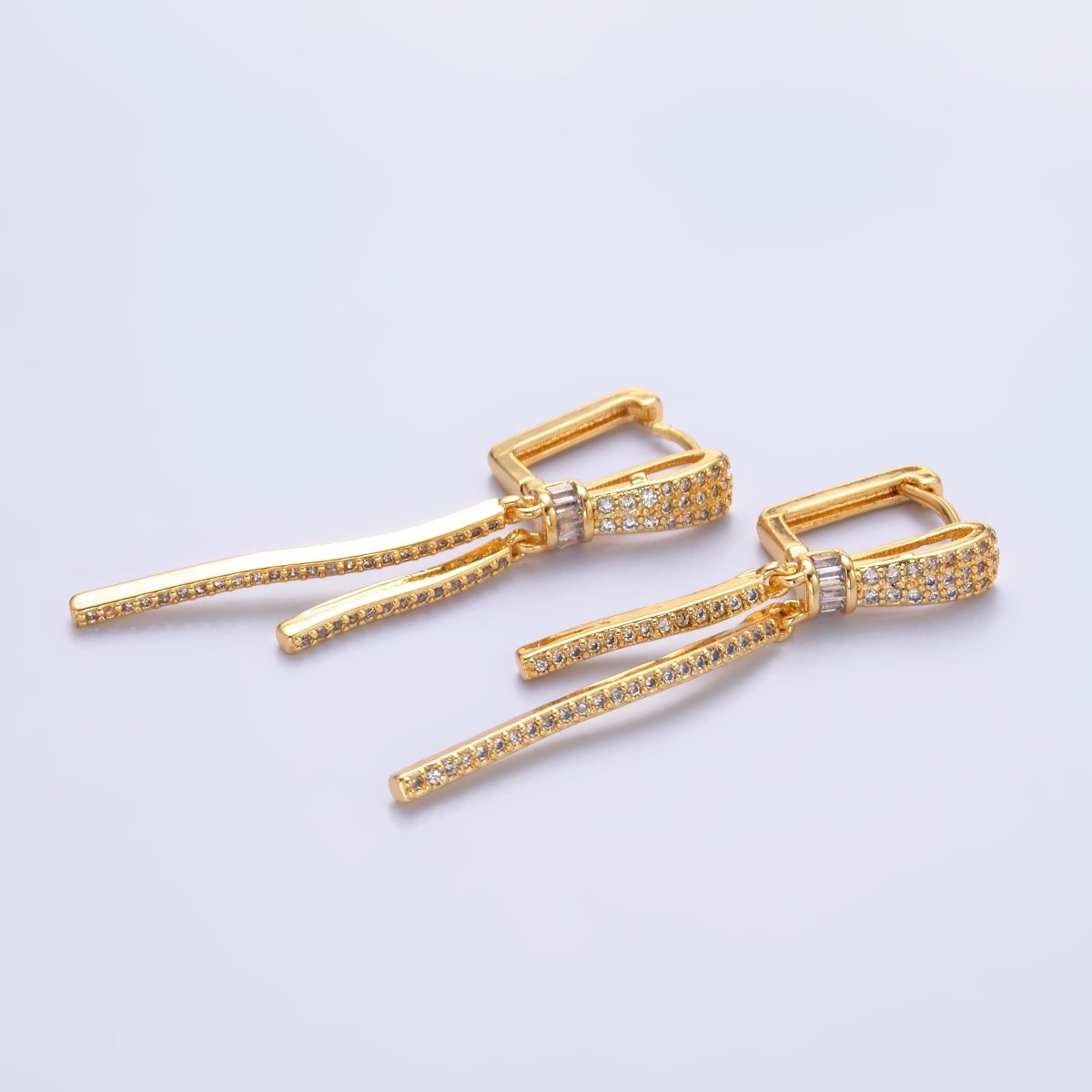 24K Gold Filled Baguette Micro Paved Drop Hoop Earrings | V501 - DLUXCA