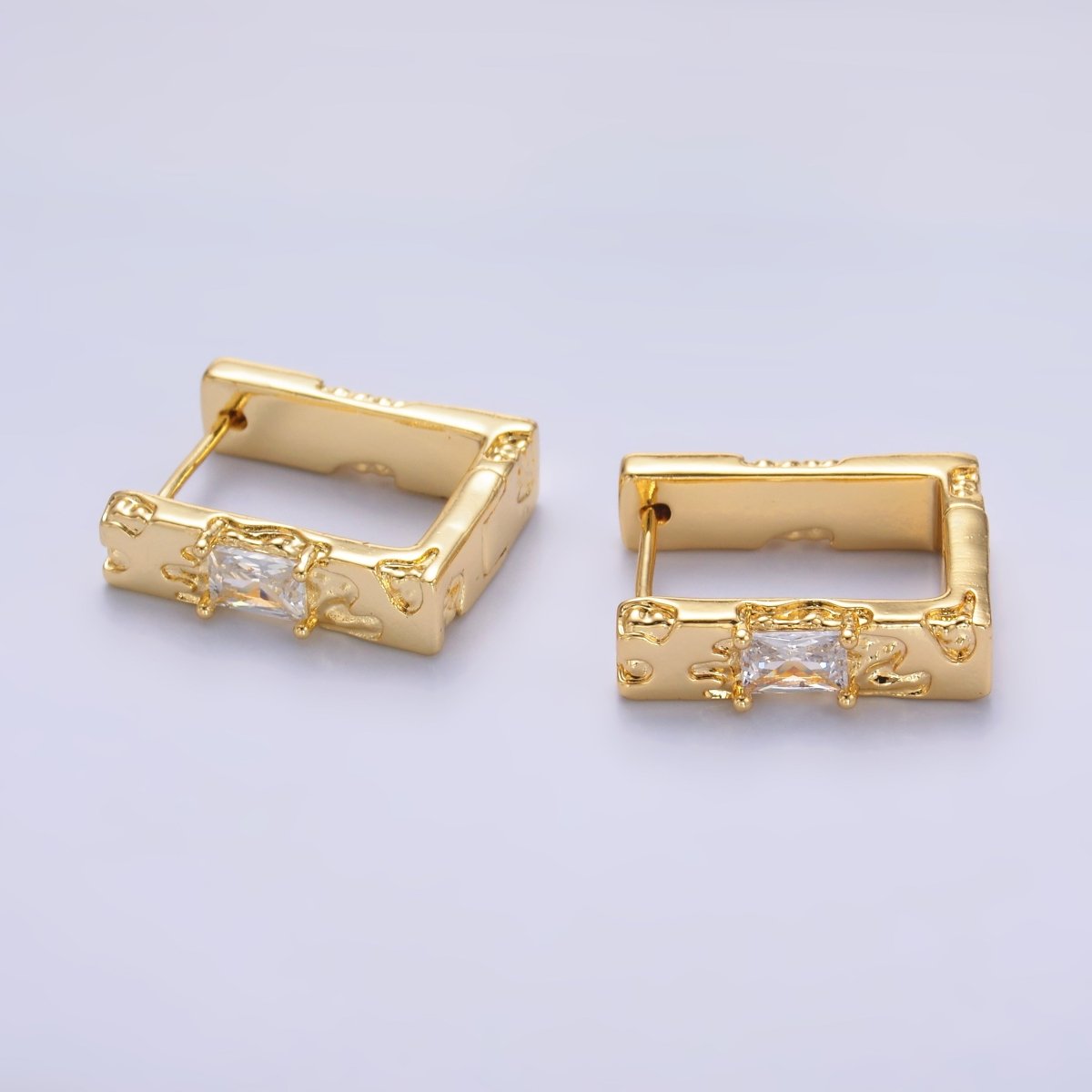 24K Gold Filled Baguette Molten Square Huggie Hoop Earrings | V526 - DLUXCA