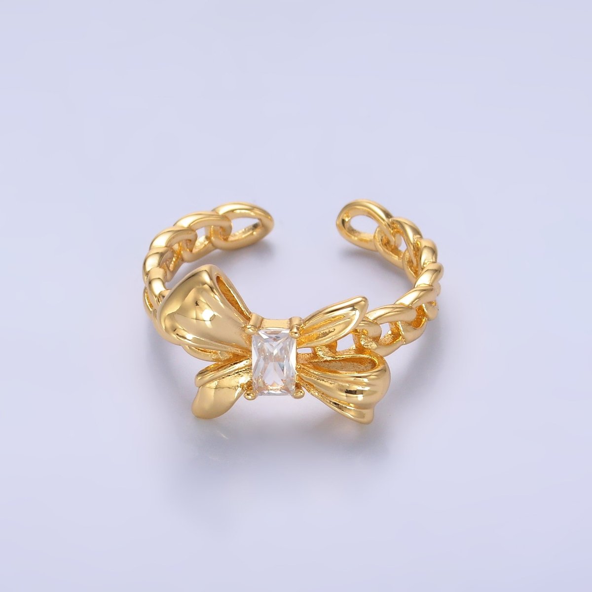 24K Gold Filled Baguette Ribbon Bow Curb Chain Ring | O553 - DLUXCA
