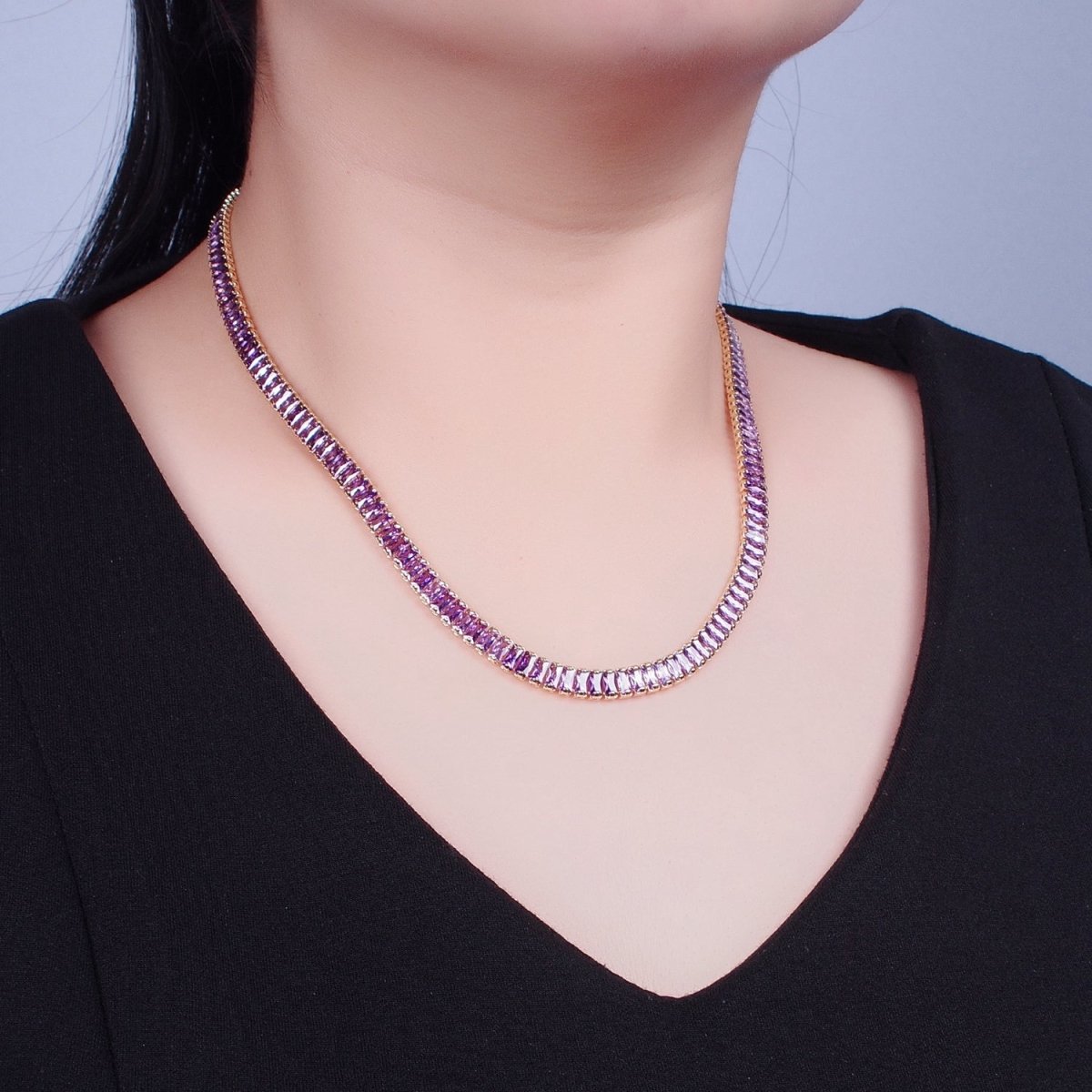 24K Gold Filled Baguette Tennis Chain Necklace, Purple Amethyst Cubic Zirconia Choker Necklace For Jewelry Making | WA-671 Clearance Pricing