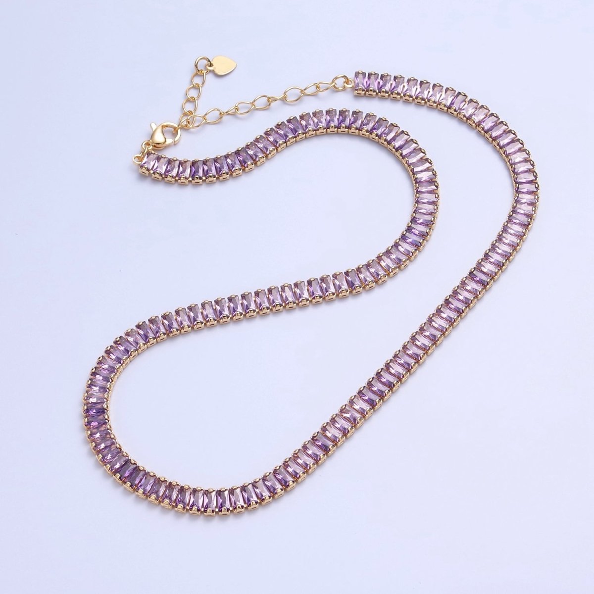 24K Gold Filled Baguette Tennis Chain Necklace, Purple Amethyst Cubic Zirconia Choker Necklace For Jewelry Making | WA-671 Clearance Pricing
