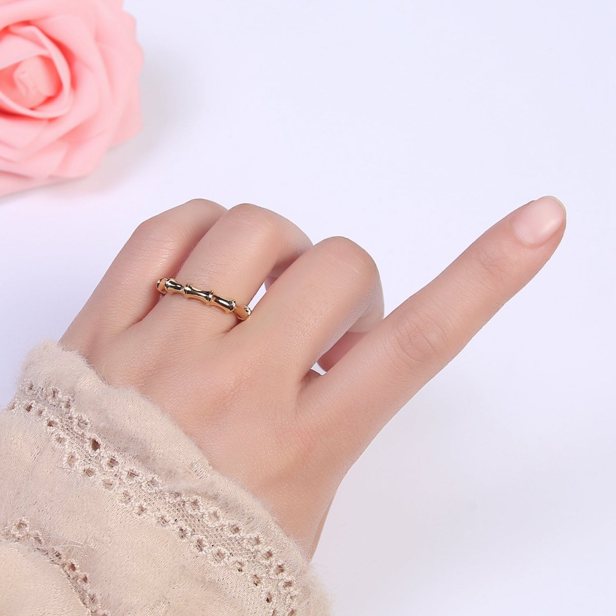 24K Gold Filled Bamboo Rings, Minimalist Nature Plant Bamboo Adjustable Ring in Gold & Silver, U-537 U-538