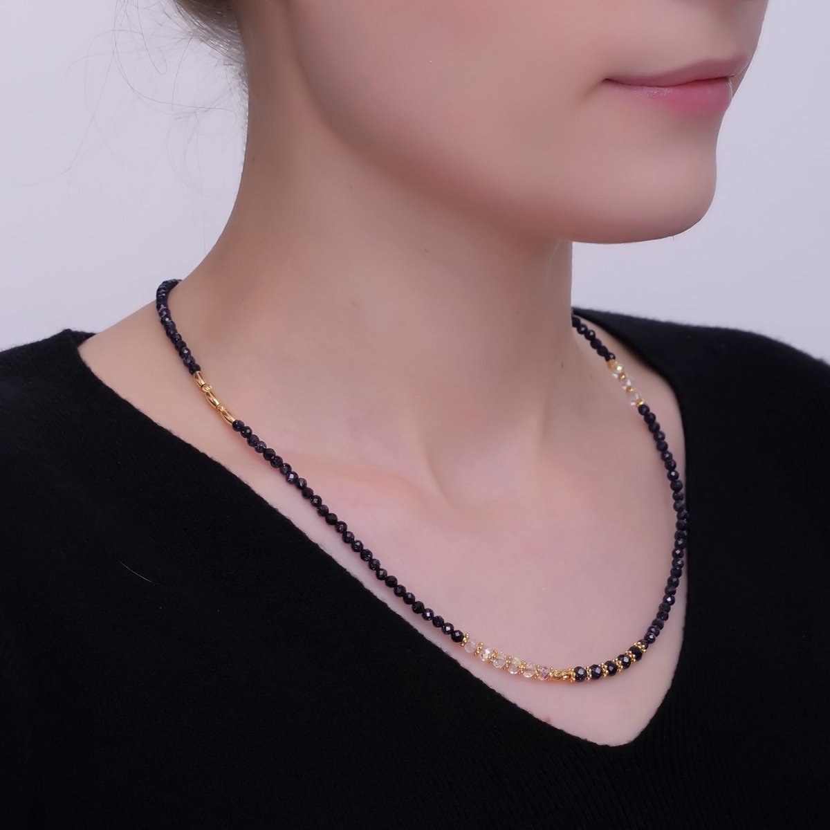 24K Gold Filled Bead Glitter Onyx Multifaceted Crystal Gemstone 18 Inch Necklace | WA - 2876 - DLUXCA