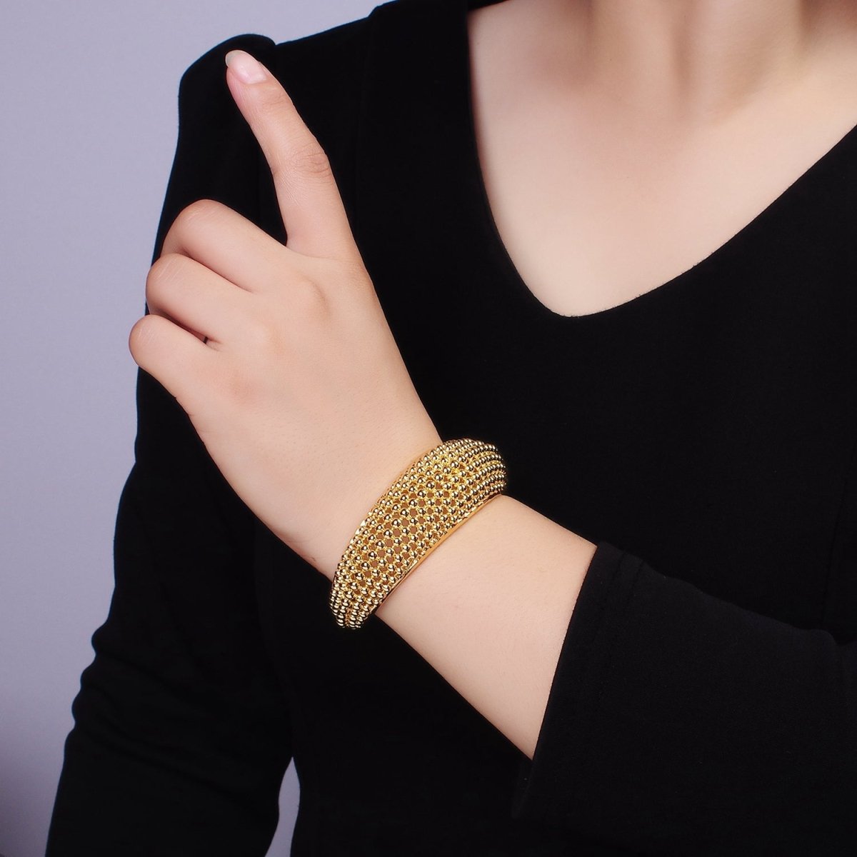 24K Gold Filled Beaded Bubble Wide Open Band Cuff Bracelet | WA - 2529 - DLUXCA