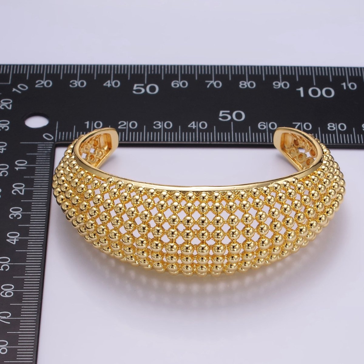 24K Gold Filled Beaded Bubble Wide Open Band Cuff Bracelet | WA - 2529 - DLUXCA