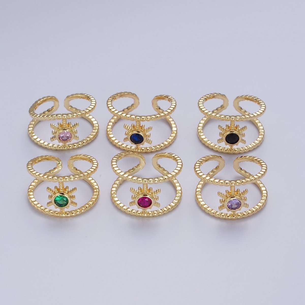 24K Gold Filled Beaded Double Band Round CZ Cubic Zirconia Celestial Star Adjustable Ring | O-072~O-077