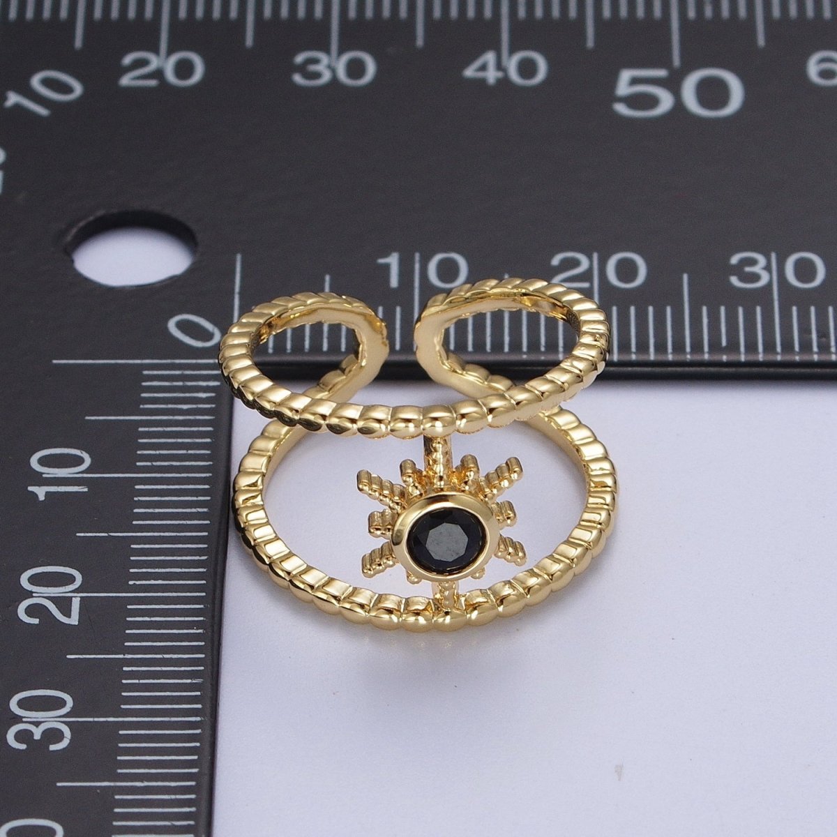 24K Gold Filled Beaded Double Band Round CZ Cubic Zirconia Celestial Star Adjustable Ring | O-072~O-077