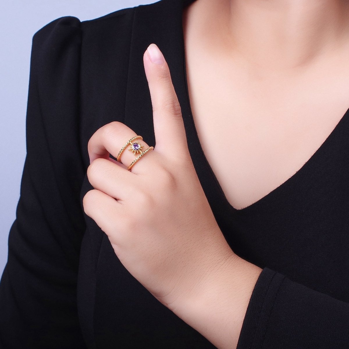 24K Gold Filled Beaded Double Band Round CZ Cubic Zirconia Celestial Star Adjustable Ring | O-072~O-077