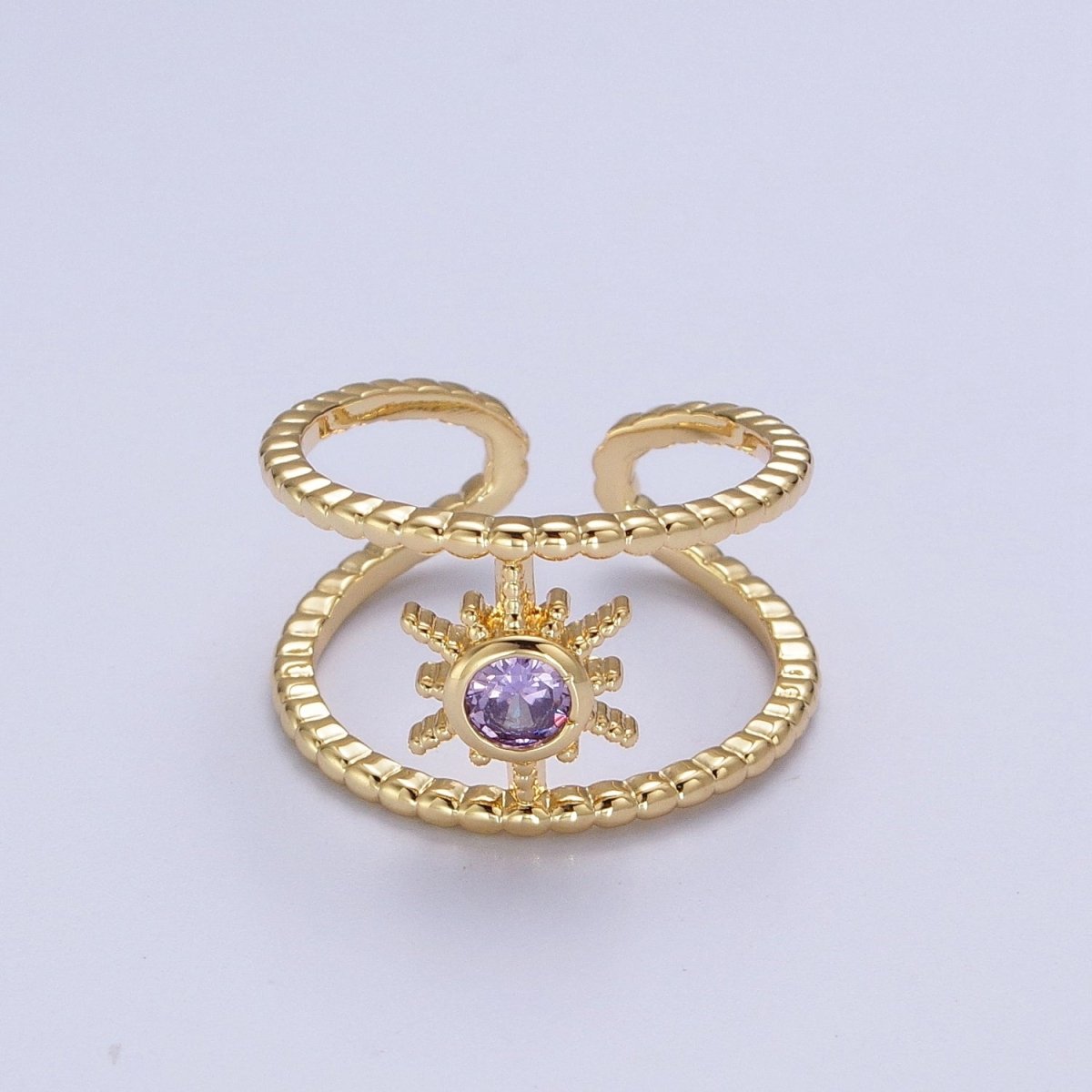 24K Gold Filled Beaded Double Band Round CZ Cubic Zirconia Celestial Star Adjustable Ring | O-072~O-077