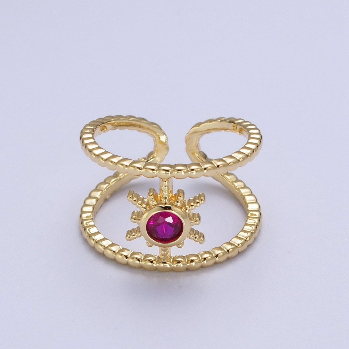 24K Gold Filled Beaded Double Band Round CZ Cubic Zirconia Celestial Star Adjustable Ring | O-072~O-077