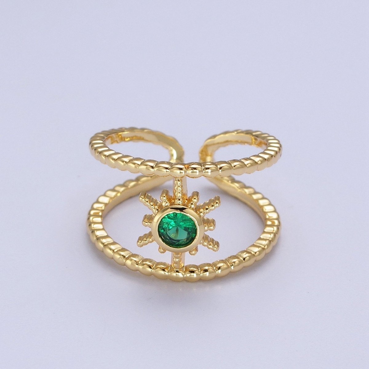 24K Gold Filled Beaded Double Band Round CZ Cubic Zirconia Celestial Star Adjustable Ring | O-072~O-077