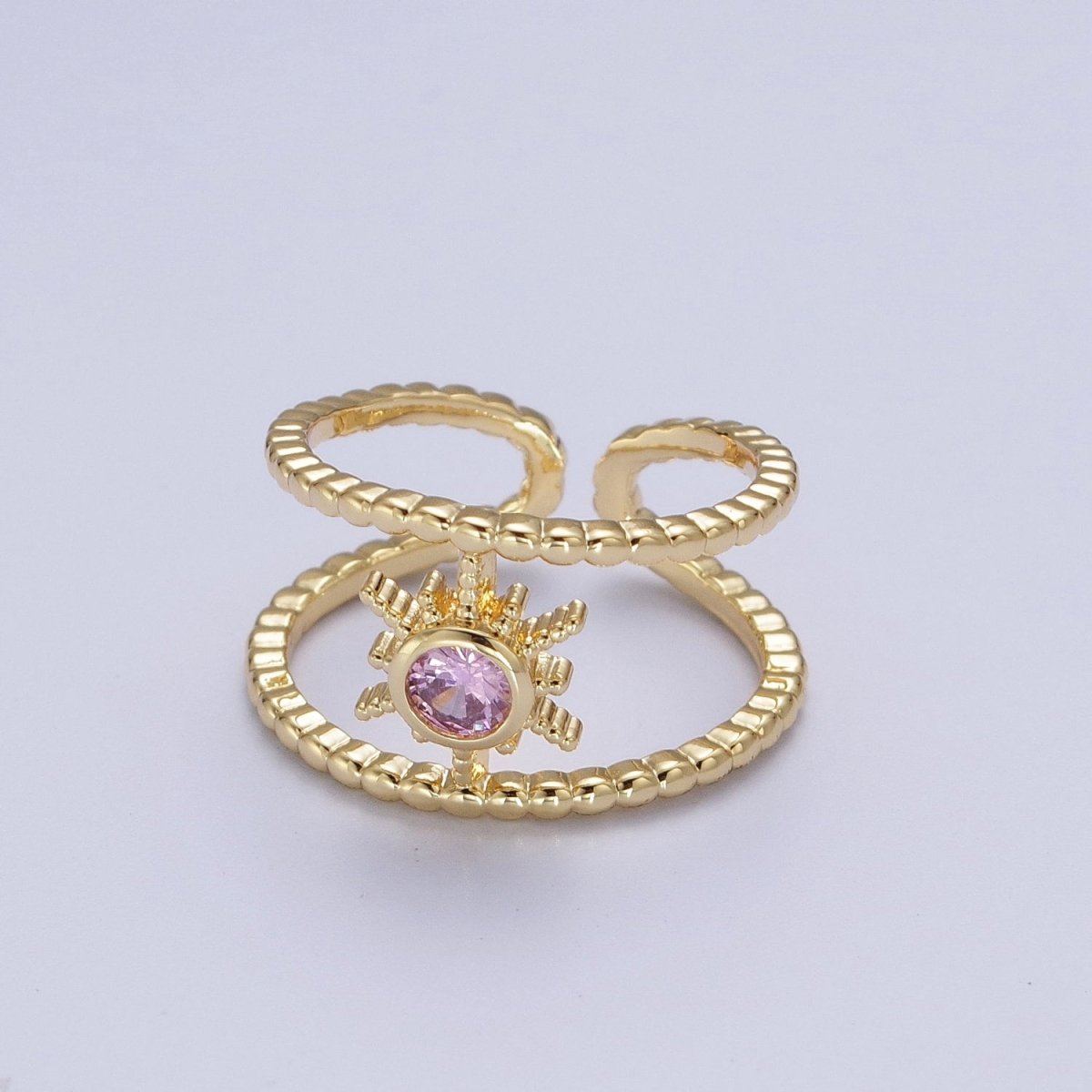 24K Gold Filled Beaded Double Band Round CZ Cubic Zirconia Celestial Star Adjustable Ring | O-072~O-077