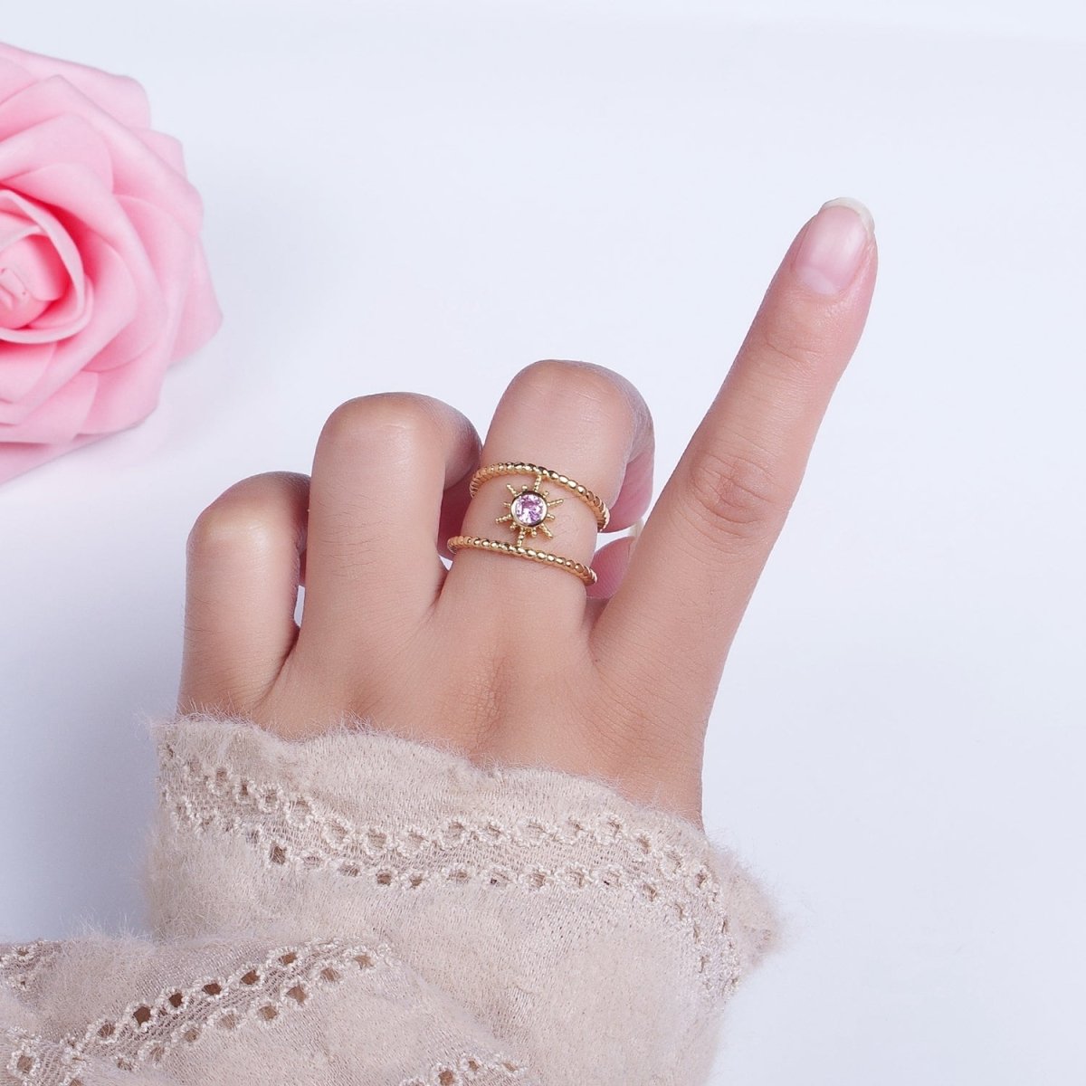 24K Gold Filled Beaded Double Band Round CZ Cubic Zirconia Celestial Star Adjustable Ring | O-072~O-077