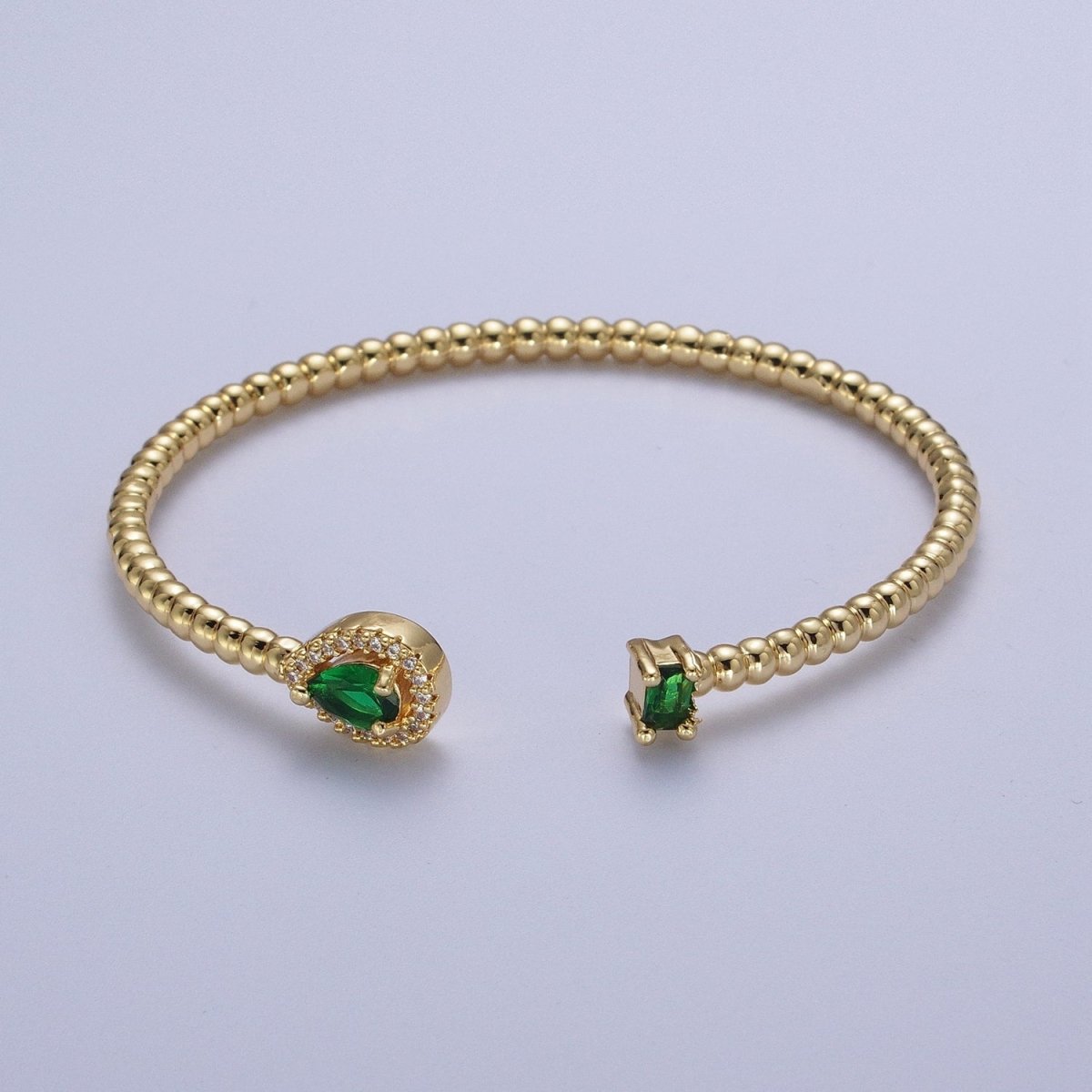 24K Gold Filled Beaded Green, Clear, Fuchsia Teardrop Baguette Cubic Zirconia Bangle Bracelet | WA-1170 WA-1171 WA-1172 Clearance Pricing