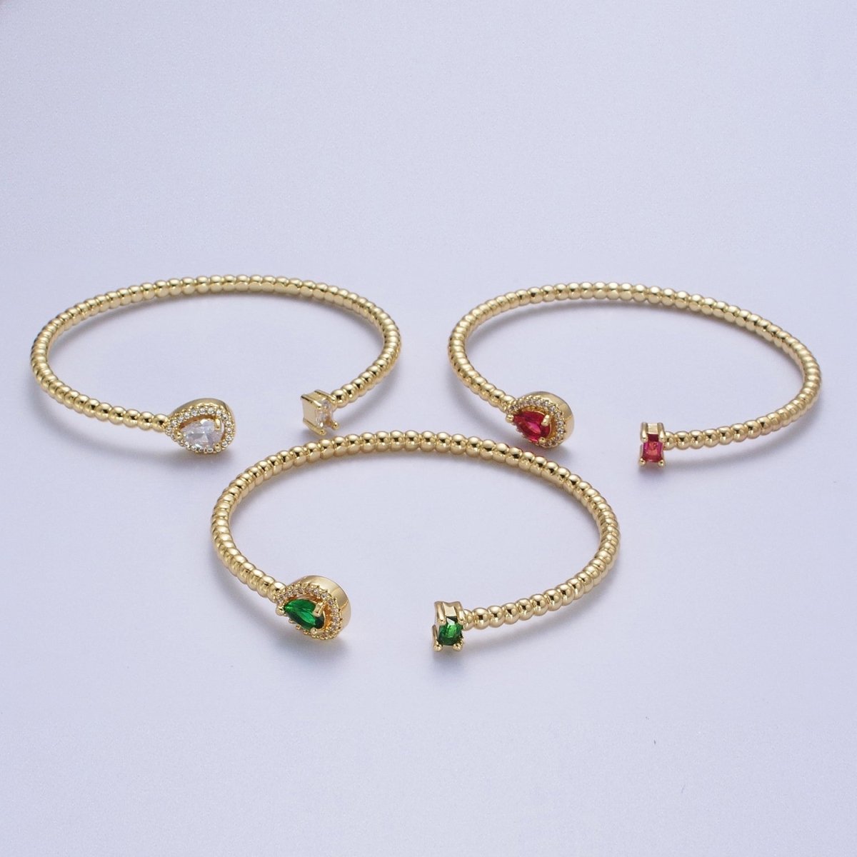 24K Gold Filled Beaded Green, Clear, Fuchsia Teardrop Baguette Cubic Zirconia Bangle Bracelet | WA-1170 WA-1171 WA-1172 Clearance Pricing