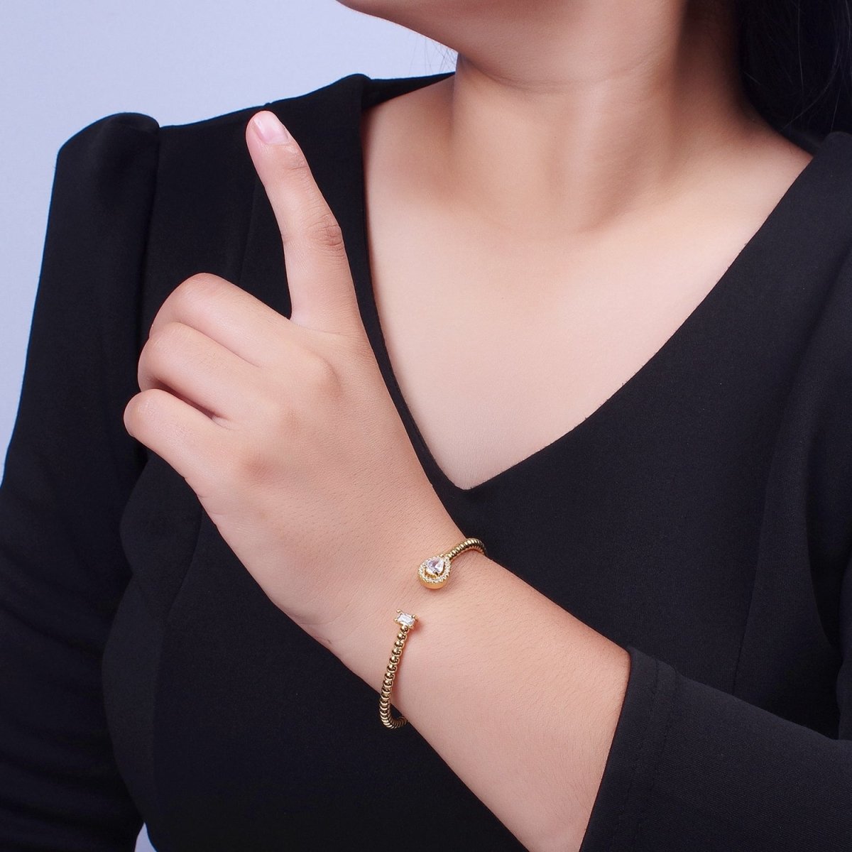 24K Gold Filled Beaded Green, Clear, Fuchsia Teardrop Baguette Cubic Zirconia Bangle Bracelet | WA-1170 WA-1171 WA-1172 Clearance Pricing