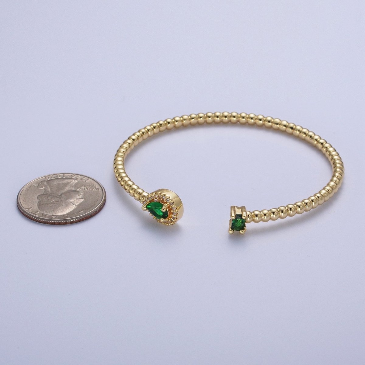24K Gold Filled Beaded Green, Clear, Fuchsia Teardrop Baguette Cubic Zirconia Bangle Bracelet | WA-1170 WA-1171 WA-1172 Clearance Pricing