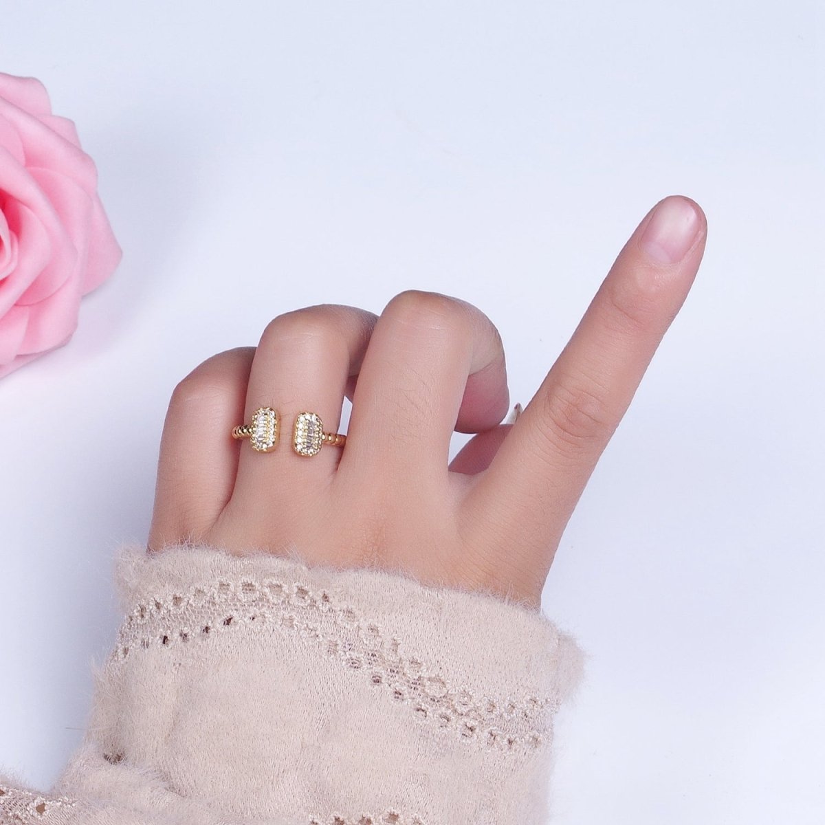 24K Gold Filled Beaded Micro Paved Double Bar Clear Fuchsia Green Baguette Cubic Zirconia Ring | O-135 O-191 O-211